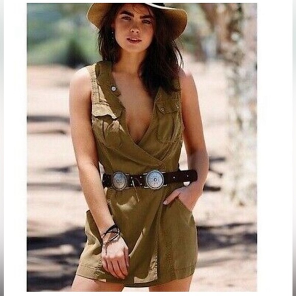 Free People Dresses & Skirts - Free People Sleeveless Desert Delight Olive Utility Cargo Wrap V Neck Mini Dress